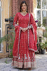 Stunning Coral Red Zari Work Viscose Event Wear Gown With Dupatta