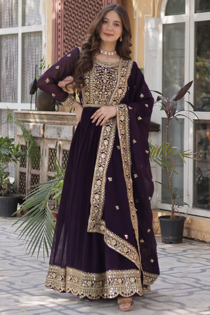 Surprising Purple Embroidered Georgette Event Wear Gown