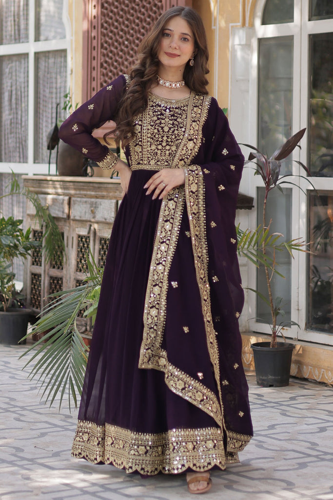 Surprising Purple Embroidered Georgette Event Wear Gown
