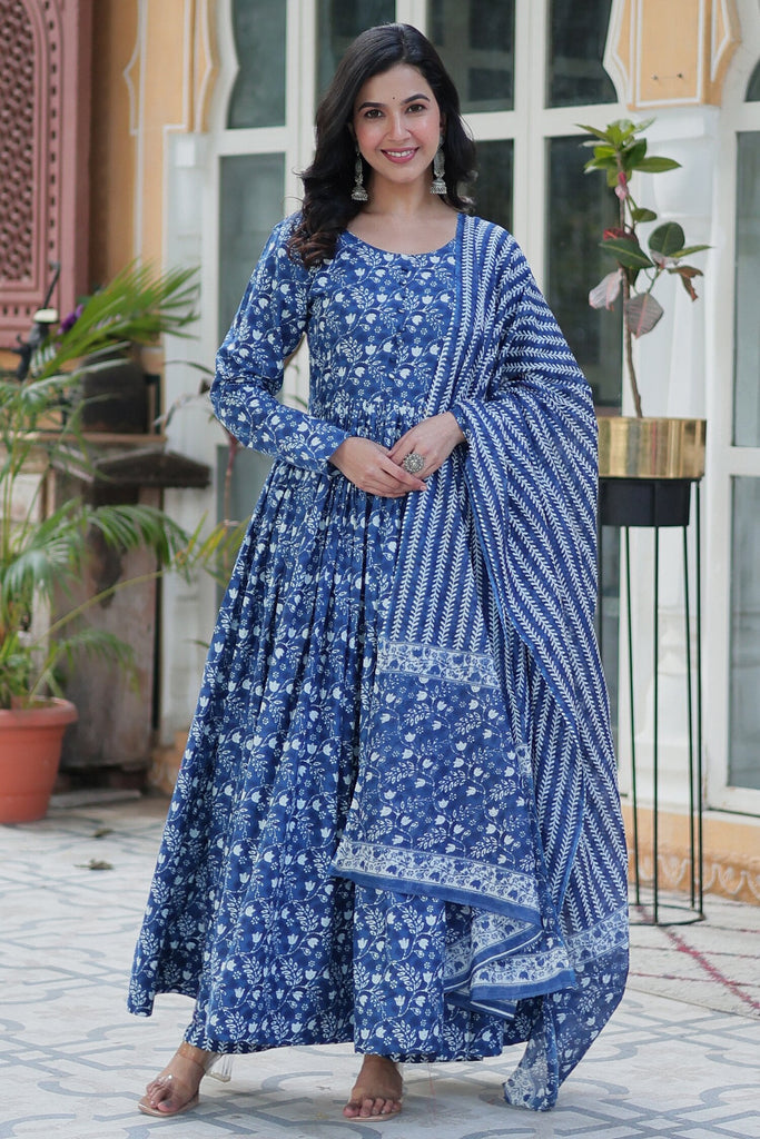 Stunning Blue Digital Printed Cotton Casual Wear Gown With Dupatta