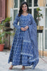 Stunning Blue Digital Printed Cotton Casual Wear Gown With Dupatta