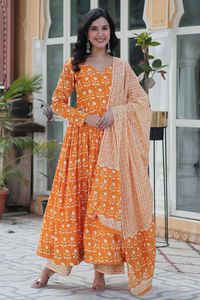 Lovely Orange Floral Printed Cotton Casual Wear Pant Suit With Dupatta