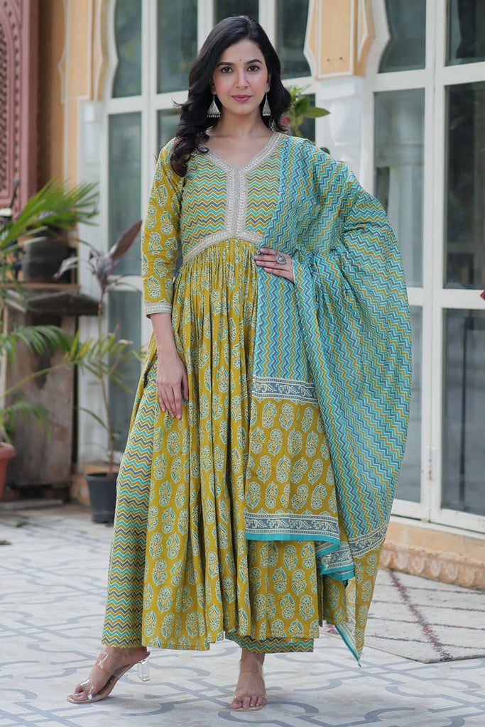Beautiful Mustard Yellow Printed Cotton Pant Suit With Dupatta