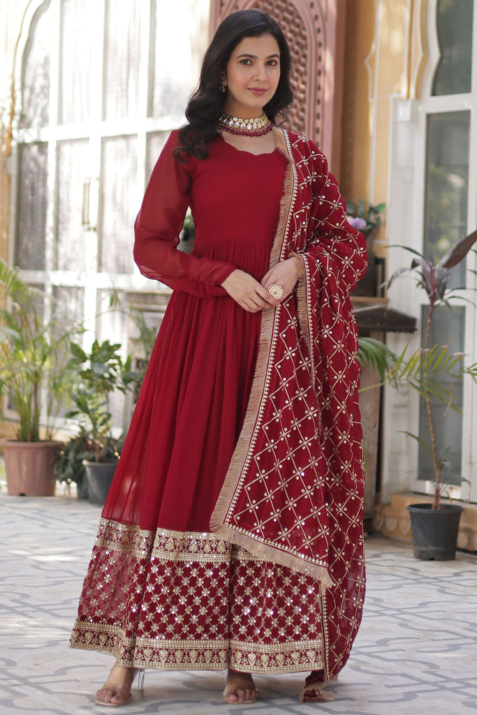 Fabulous Maroon Georgette Festival Wear Gown With Dupatta