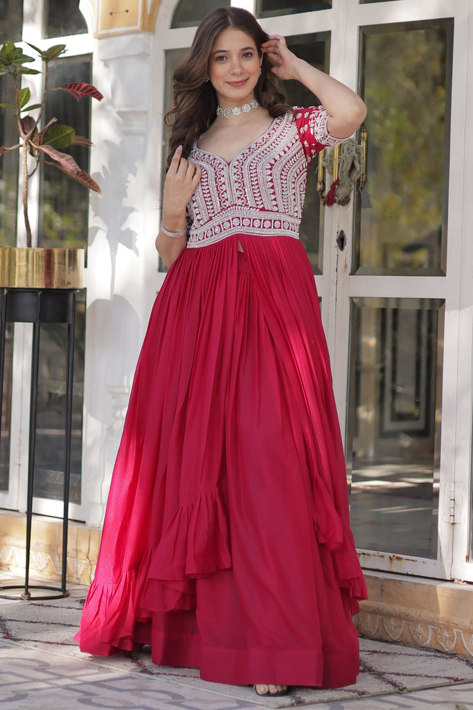 Lovely Pink Beads Work Georgette Wedding Wear Lehenga With Kurti