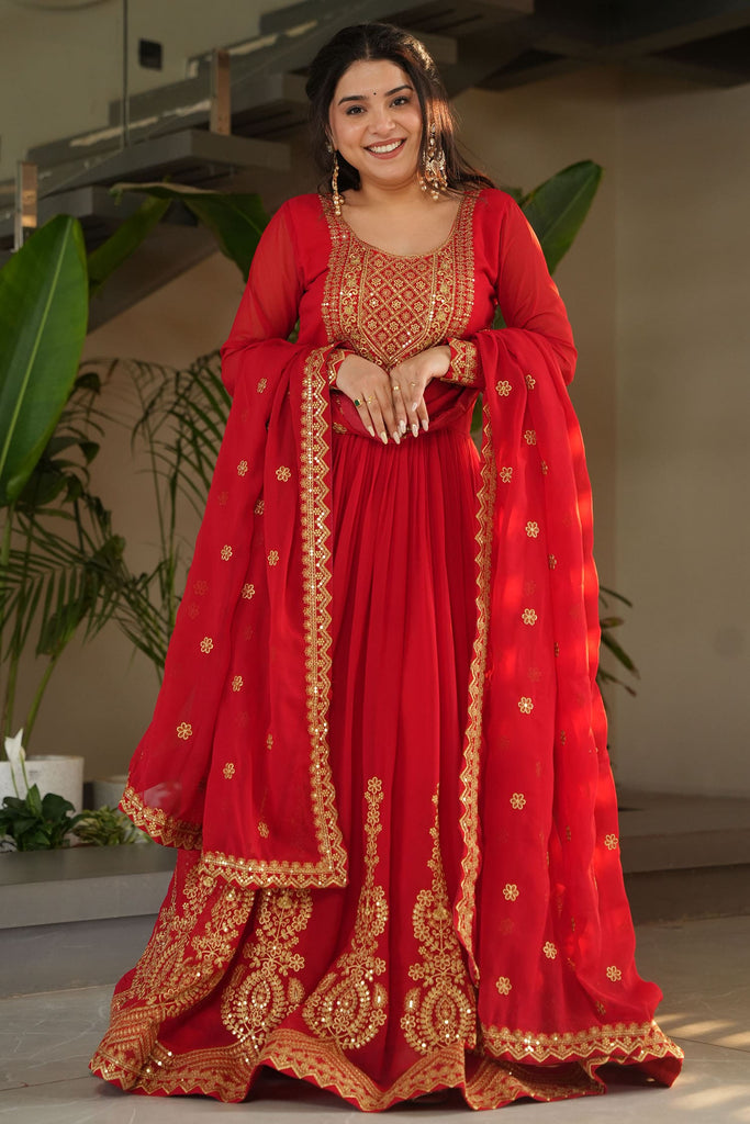 Wonderful Red Sequins Georgette Function Wear Gown With Dupatta