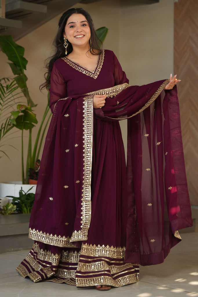 Alluring Maroon Zari Work Georgette Event Wear Gown With Dupatta