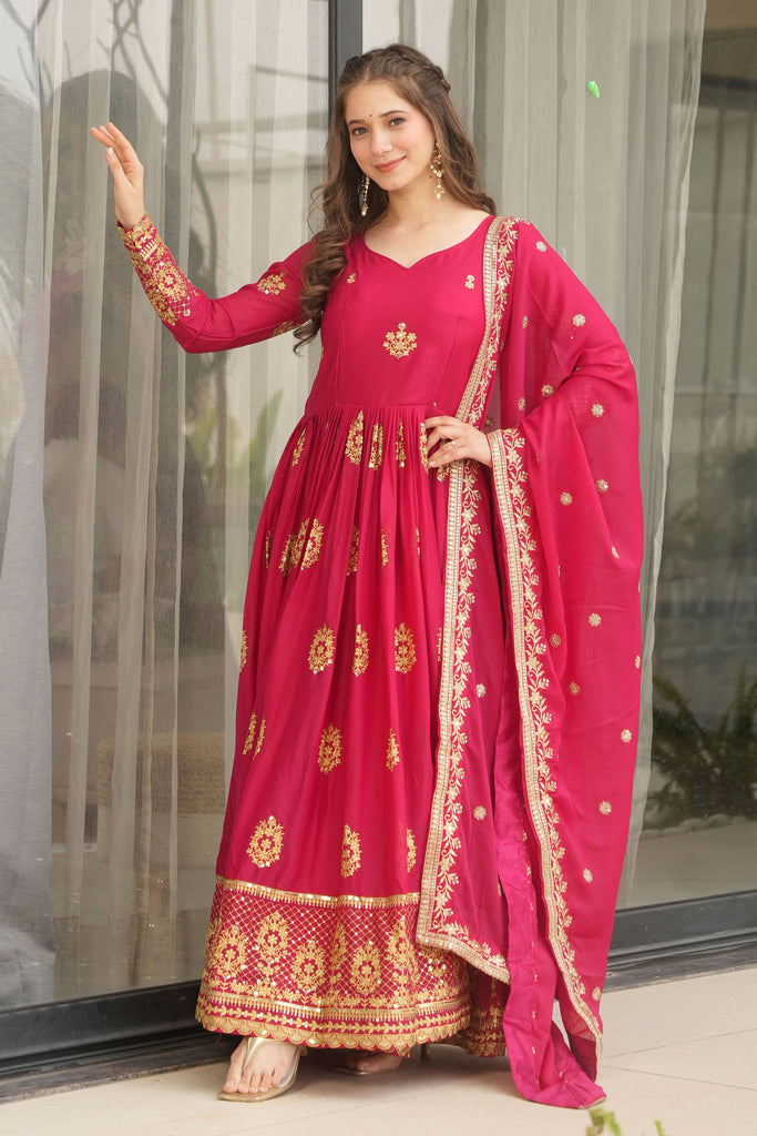 Ravishing Pink Zari Embroidery Georgette Event Wear Gown With Dupatta