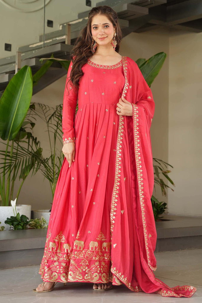 Beautiful Peach Zari Work Chinon Event Wear Gown With Dupatta
