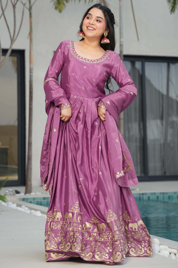 Ravishing Pink Zari Work Chinon Reception Wear Gown With Dupatta