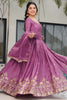 Ravishing Pink Zari Work Chinon Reception Wear Gown With Dupatta