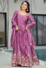 Ravishing Pink Zari Work Chinon Reception Wear Gown With Dupatta