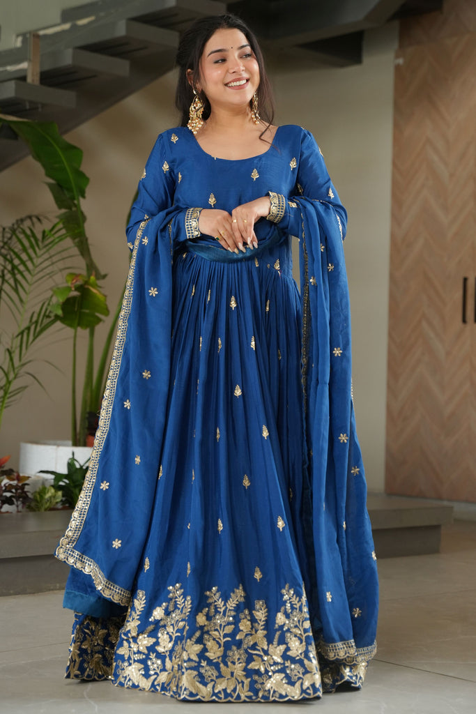 Beautiful Blue Zari Embroidered Chinon Gown With Dupatta