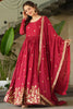 Stunning Red Zari Embroidered Chinon Festival Wear Gown With Dupatta