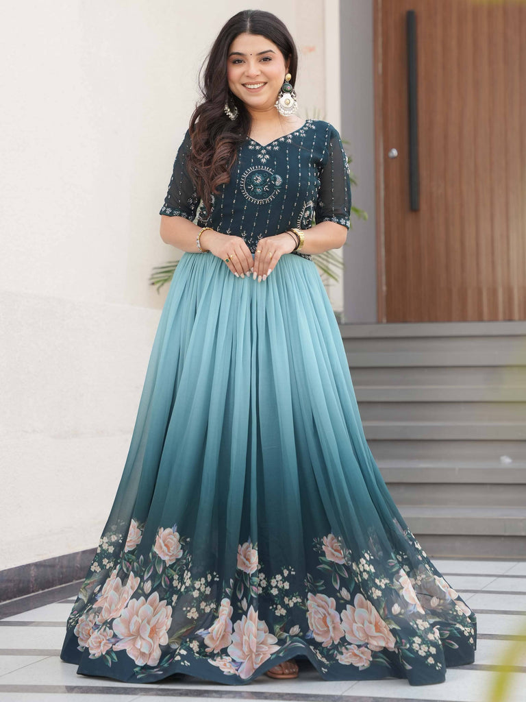 Outstanding Teal Blue Beads Work Georgette Reception Wear Gown