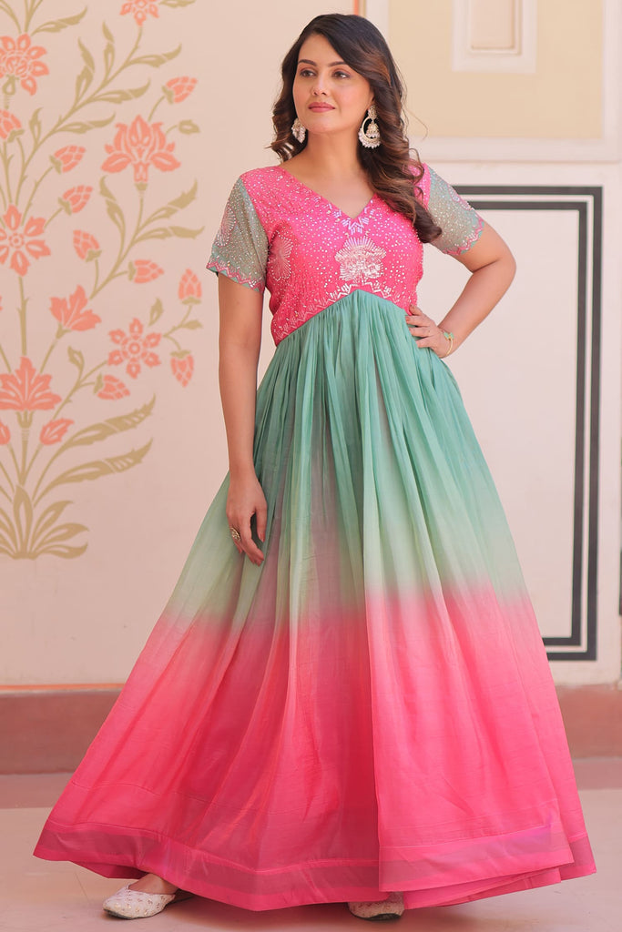 Dazzling Pink Bead Embroidery Organza Party Wear Gown