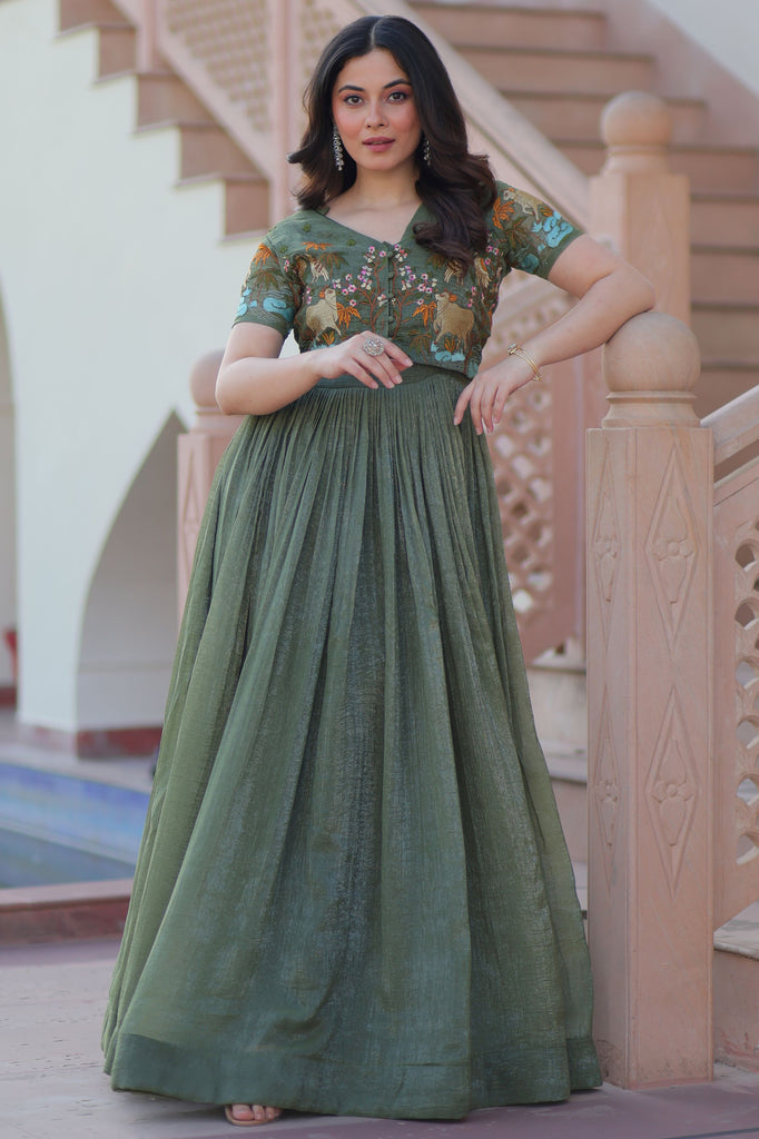 Luxury Green Embroidered Organza Event Wear Gown With Koti