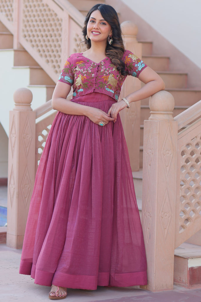 Graceful Pink Thread Embroidered Organza Event Wear Gown With Koti