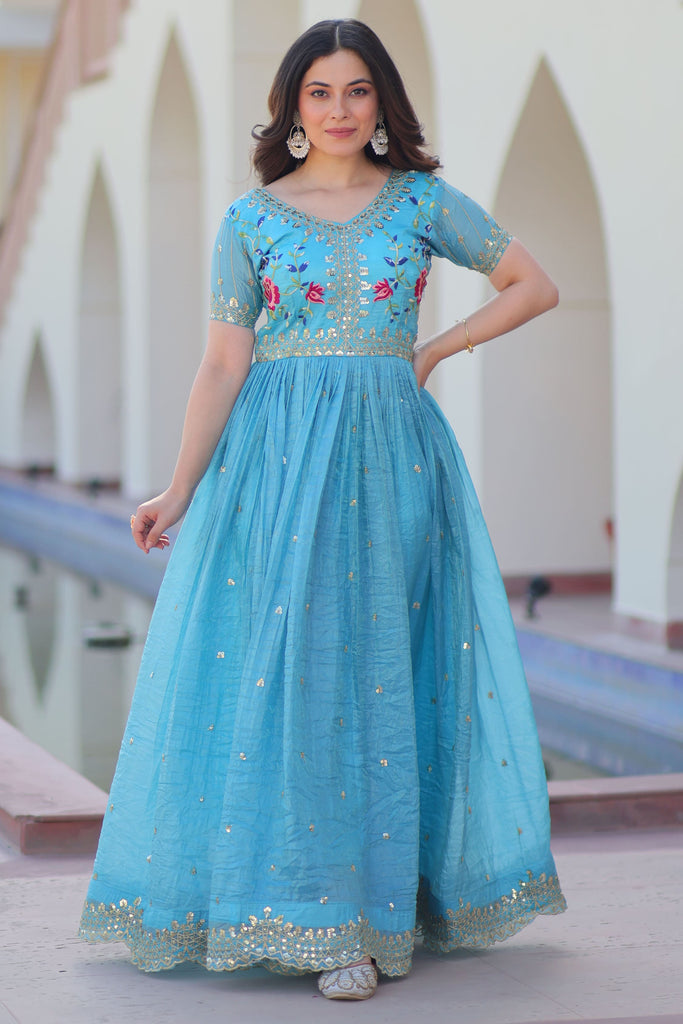 Dazzling Sky-Blue Sequins Work Chinon Event Wear Gown