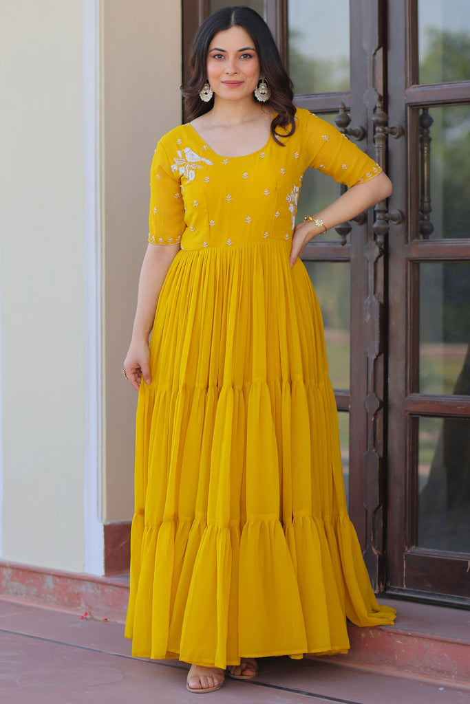 Mesmerizing Yellow Embroidered Georgette Haldi Wear Gown