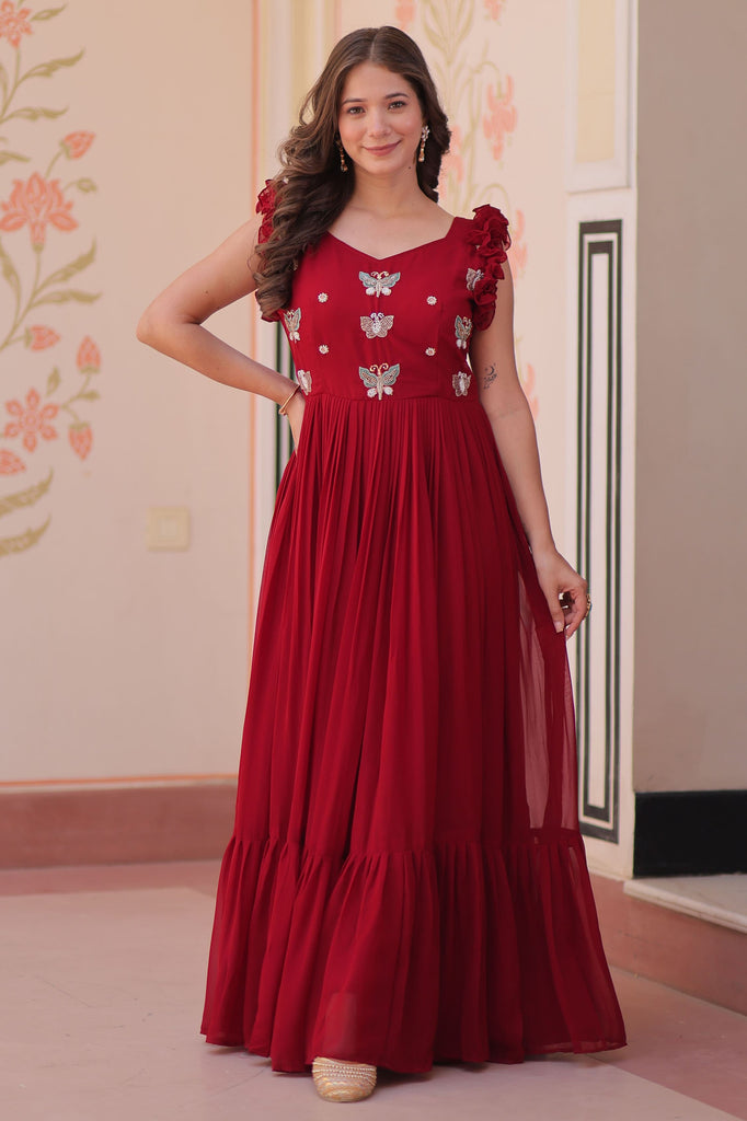Impressive Red Beads Work Organza Festive Wear Gown
