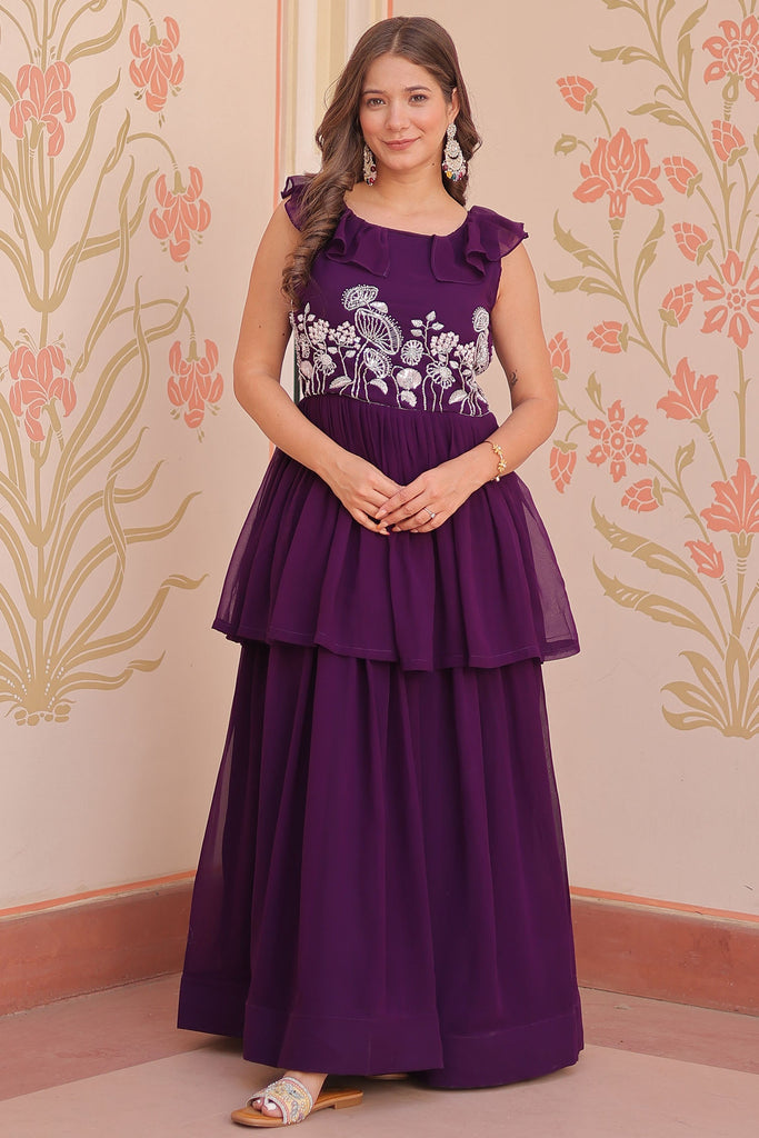 Incredible Purple Beads Work Georgette Function Wear Gown