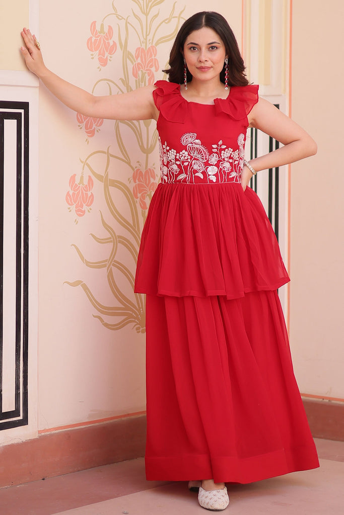 Fabulous Red Beads Work Georgette Event Wear Gown