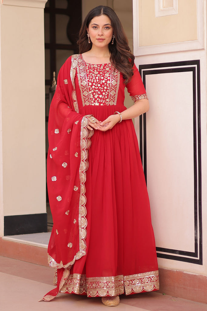 Amazing Red Zari Embroidered Georgette Festival Wear Gown