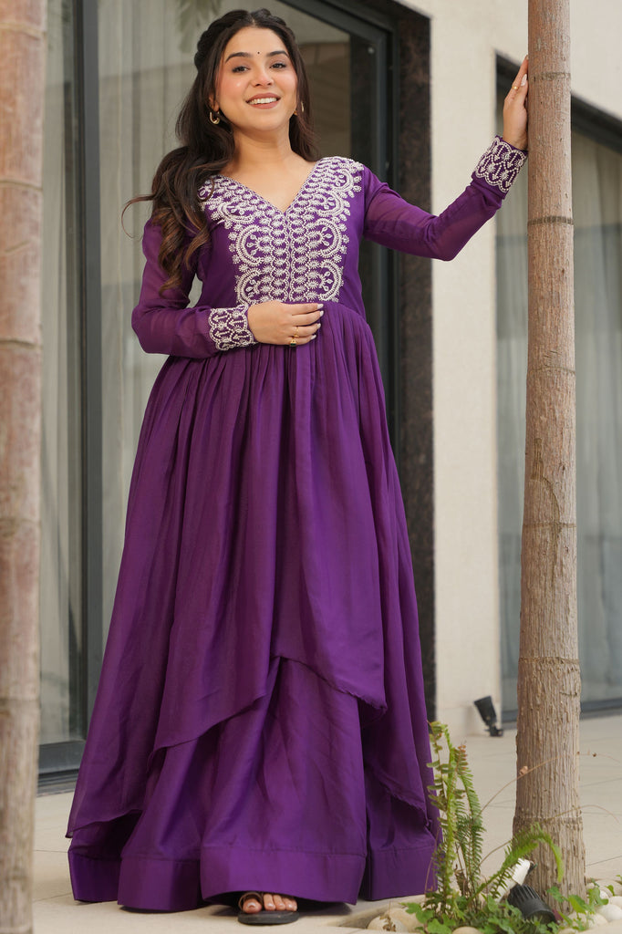 Outstanding Purple Thread Embroidered Georgette Festival Wear Gown