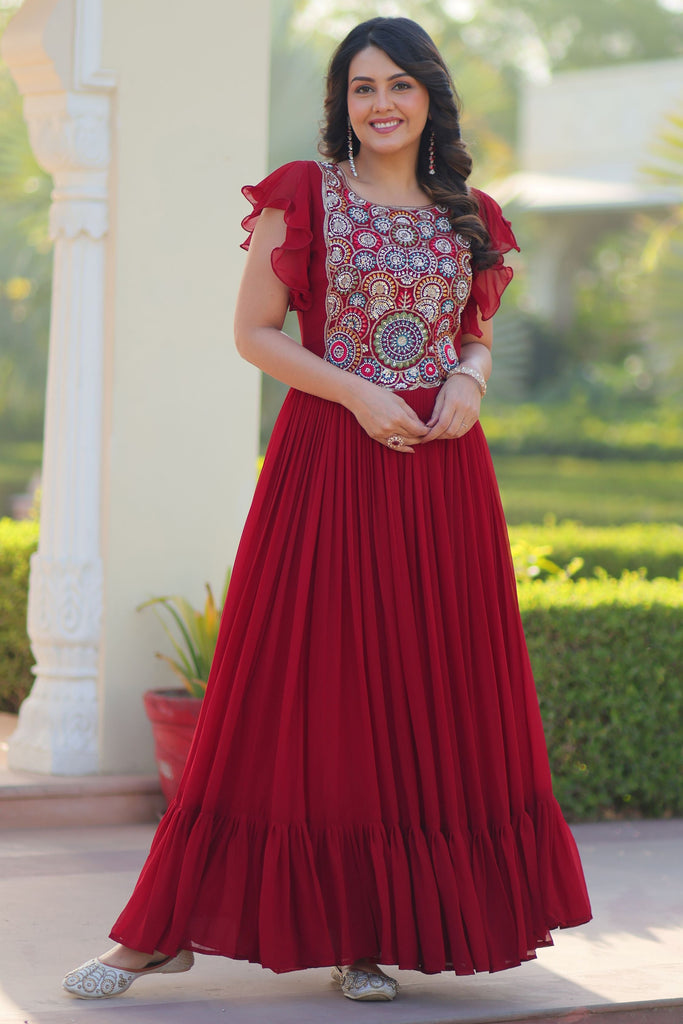 Fabulous Maroon Beads Work Georgette Festival Wear Gown