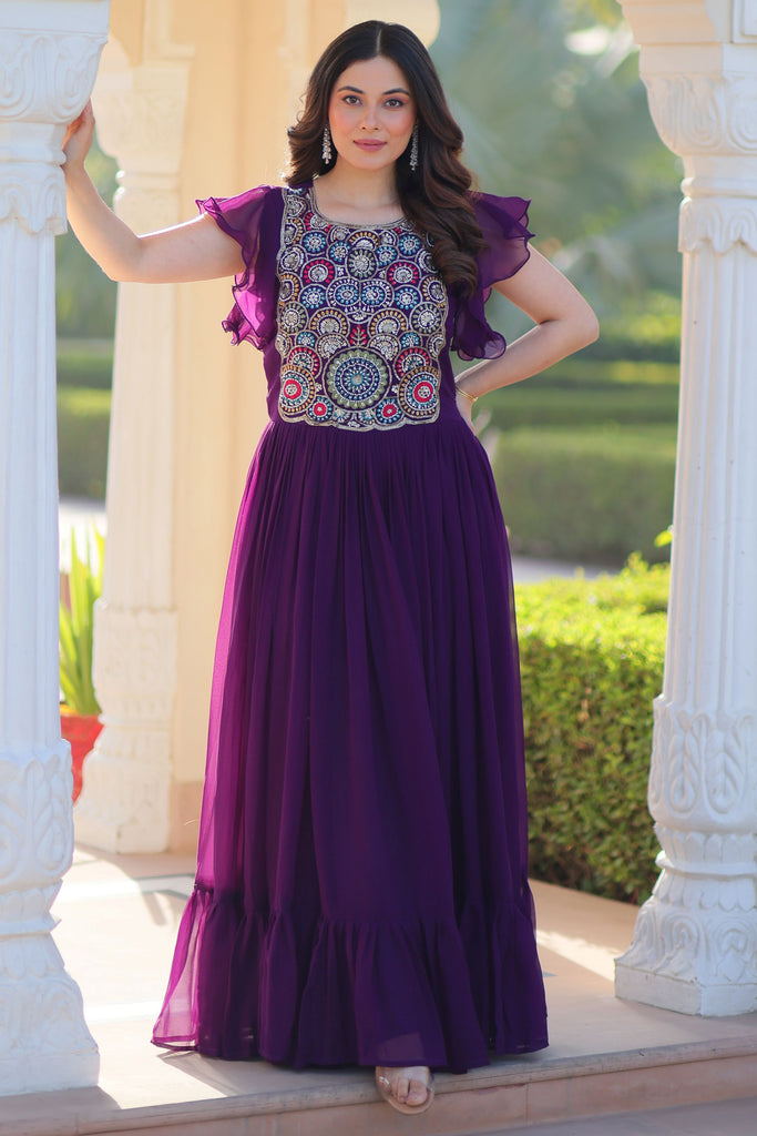 Wonderful Purple Beads Work Georgette Event Wear Gown
