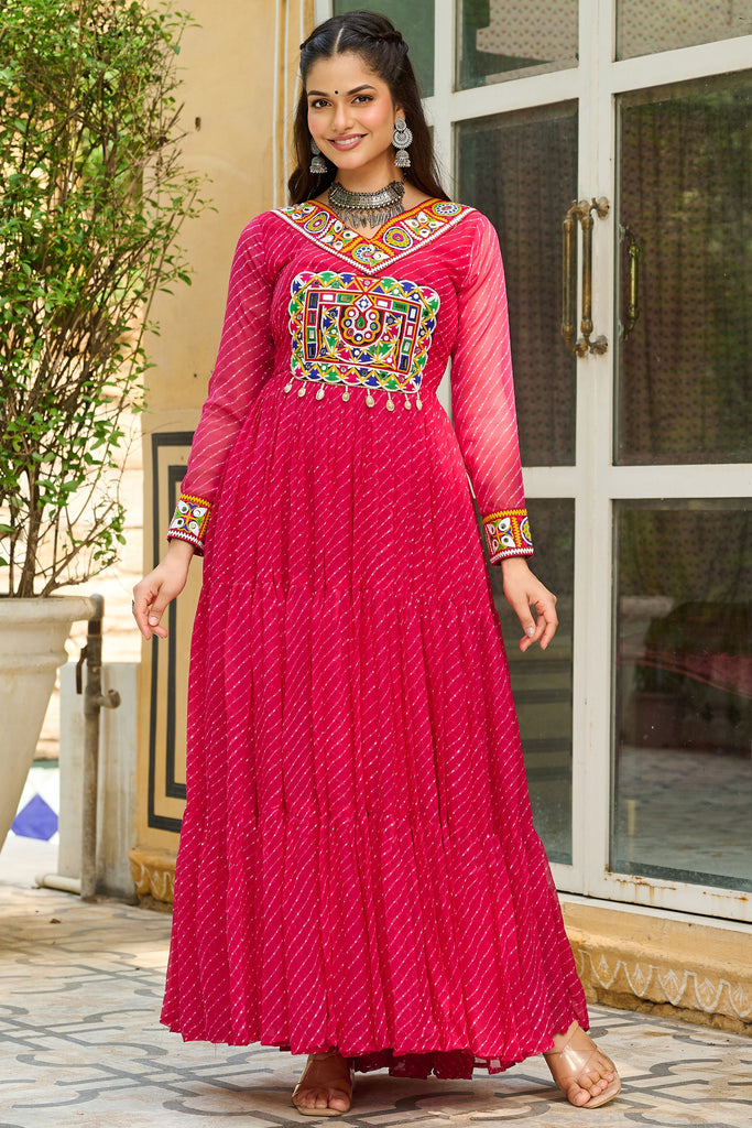 Captivating Pink Leheriya Printed Georgette Navratri Special Gown