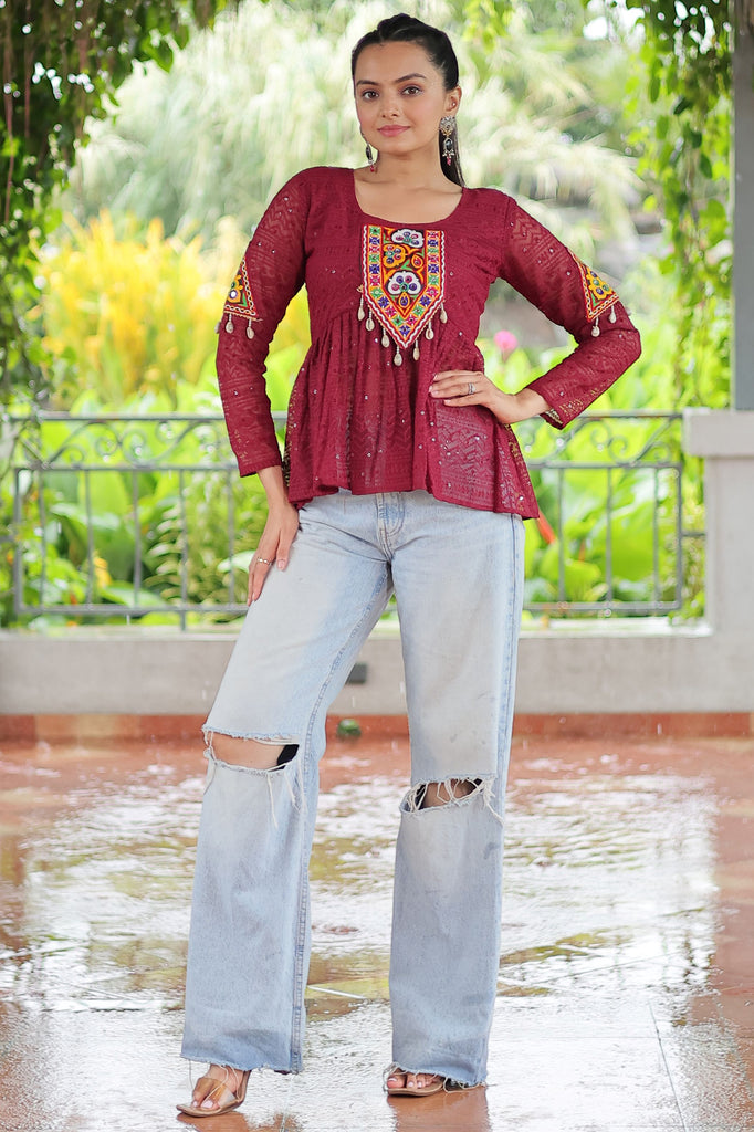Attractive Maroon Gamthi Work Georgette Navratri Special Peplum Top