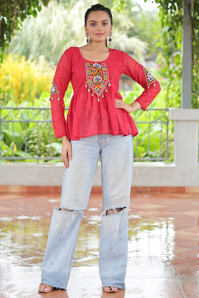 Glamorous Red Gamthi Work Georgette Traditional Peplum Top