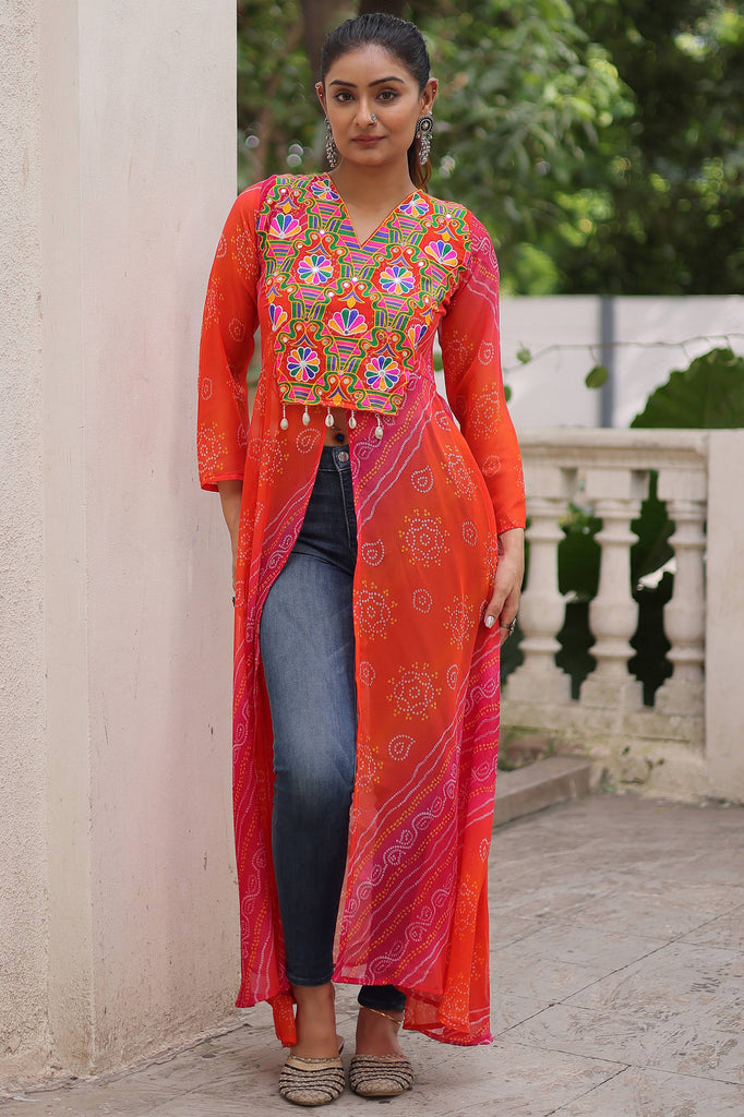 Precious Pink Bandhani Printed Georgette Navratri Wear Kurti