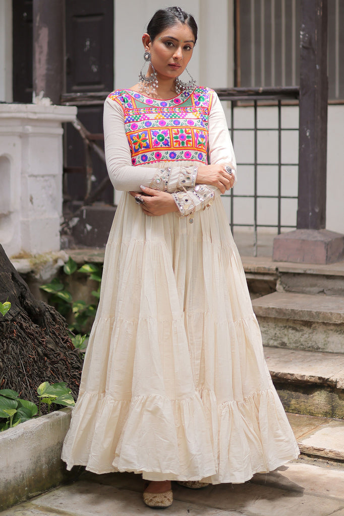 Marvelous Off-White Multi-Thread Work Cotton Festival Wear Gown