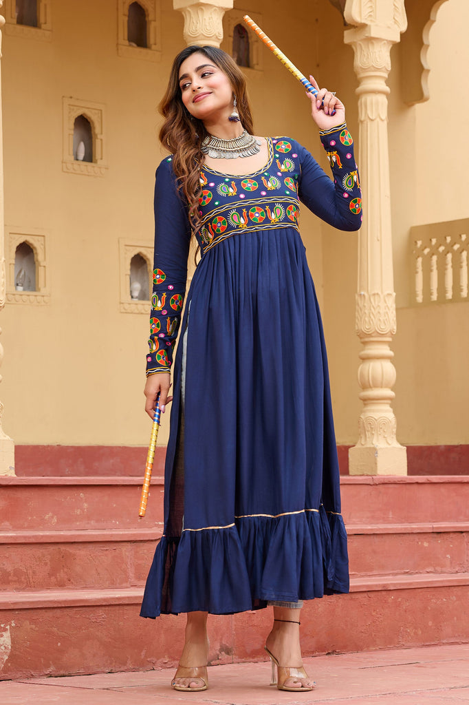 Regal Navy Blue Kutchi Work Rayon Navratri Special Nayra Cut Kurti