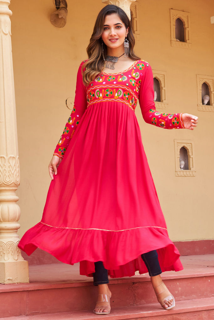 Captivating Pink Rayon Gamthi Work Navratri Wear Nayra Cut Kurti