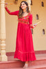 Captivating Pink Rayon Gamthi Work Navratri Wear Nayra Cut Kurti