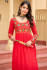Outstanding Red Kutchi Work Rayon Festival Wear Nayra Cut Kurti