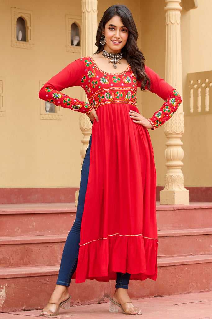 Outstanding Red Kutchi Work Rayon Festival Wear Nayra Cut Kurti