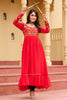 Outstanding Red Kutchi Work Rayon Festival Wear Nayra Cut Kurti