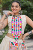 Sweet Off White Gamthi Work Cotton Navratri Wear Crop Top Lehenga