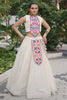 Sweet Off White Gamthi Work Cotton Navratri Wear Crop Top Lehenga