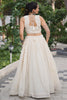 Sweet Off White Gamthi Work Cotton Navratri Wear Crop Top Lehenga