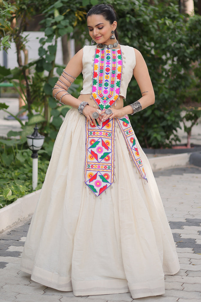 Sweet Off White Gamthi Work Cotton Navratri Wear Crop Top Lehenga