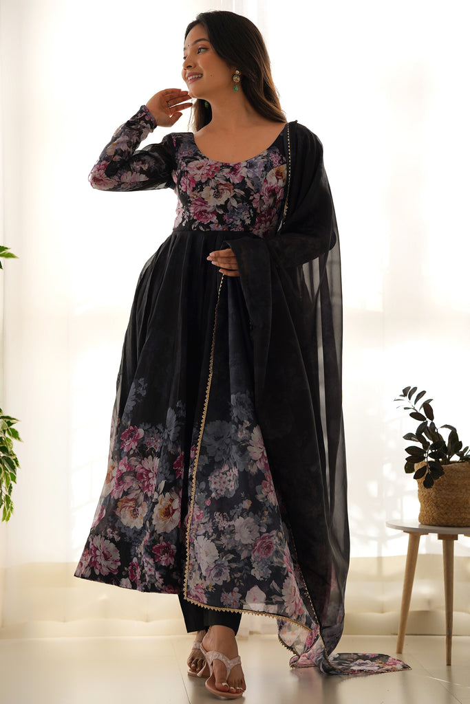 Adorable Black Floral Printed Organza Anarkali Suit With Dupatta