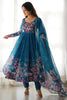 Charming Blue Floral Printed Organza Festival Wear Anarkali Suit