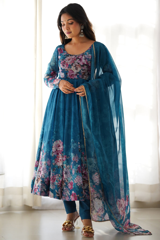 Charming Blue Floral Printed Organza Festival Wear Anarkali Suit