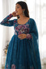 Charming Blue Floral Printed Organza Festival Wear Anarkali Suit